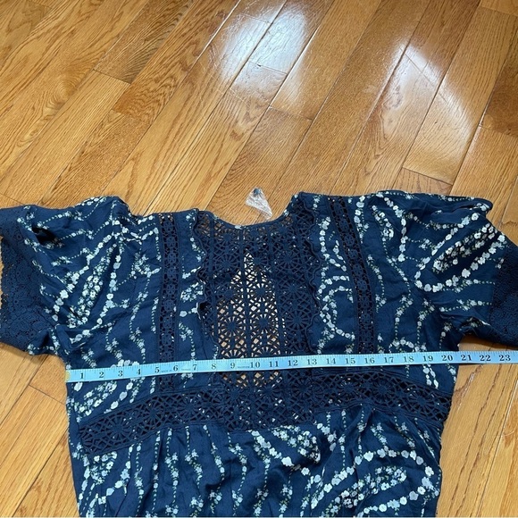 Free People Bali Tate Mixed Media Crochet Floral Printed Bodysuit Blue Sz S - Picture 7 of 14